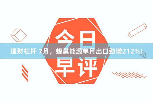 理财杠杆 7月，蜂巢能源单月出口劲增212%！
